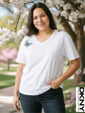 100% Cotton DKNY White V-Neck Short Sleeve Tee with Butterfly Embroidery